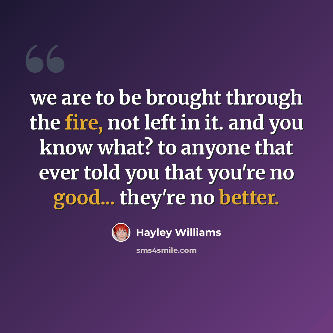 “we are to be brought through the fire, not left in it. and you know what? to anyone that ever told you that you're no good... they're no better.” quote by Hayley Williams