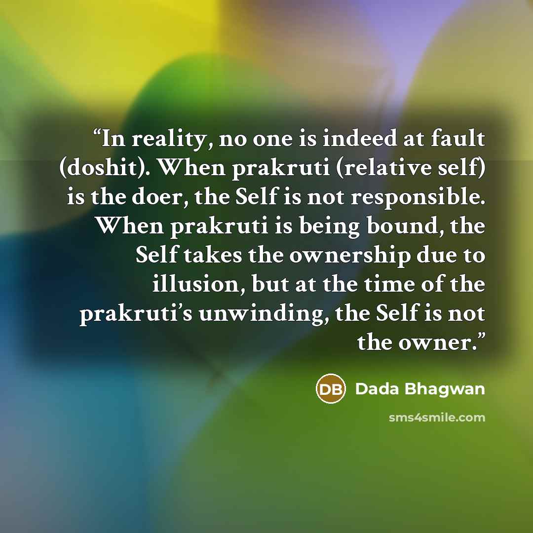 “In reality, no one is indeed at fault (doshit). When prakruti (relative self) is the doer, the Self is not responsible. When prakruti is being bound, the Self takes the ownership due to illusion, but at the time of the prakruti’s unwinding, the Self is not the owner.” quote by Dada Bhagwan