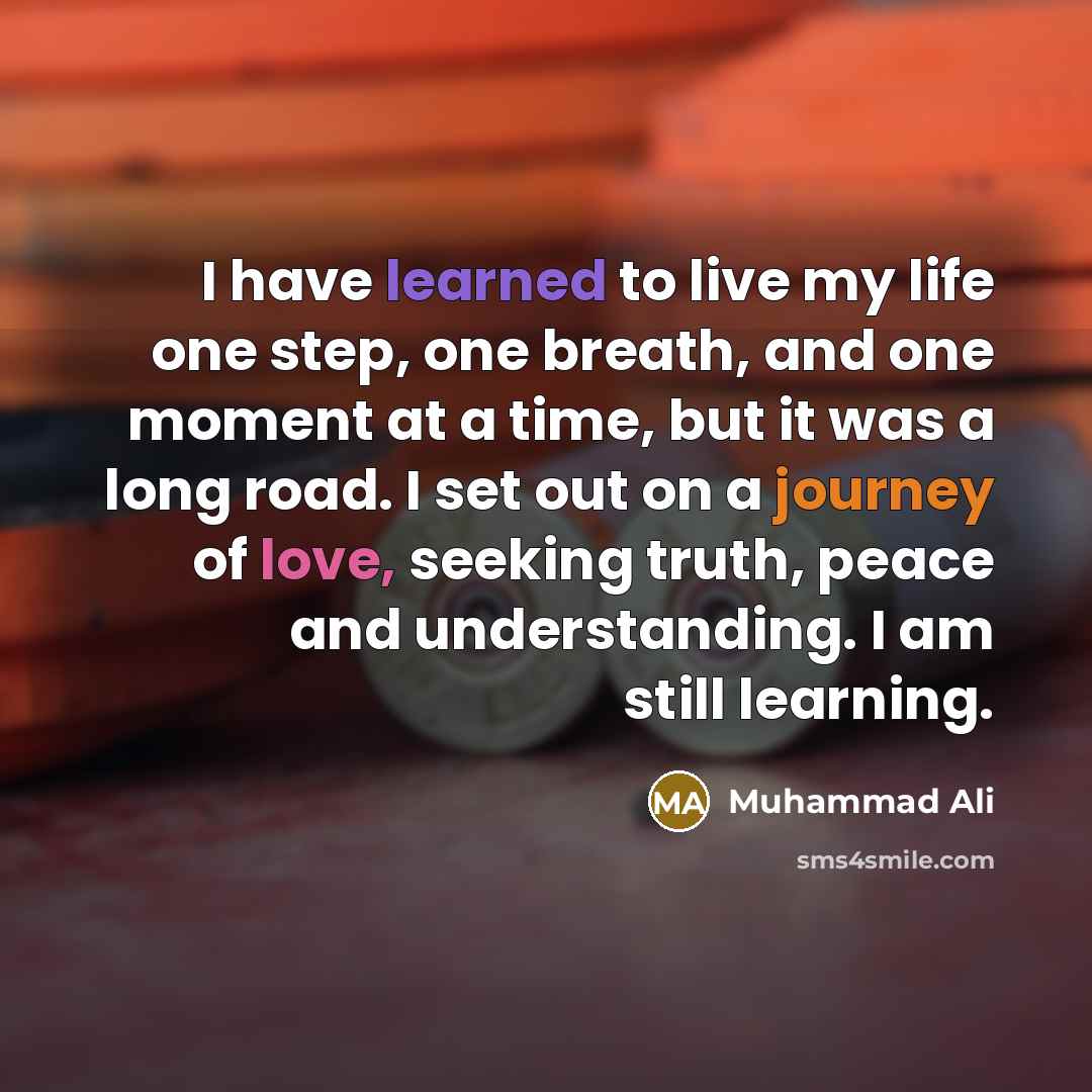 “I have learned to live my life one step, one breath, and one moment at a time, but it was a long road. I set out on a journey of love, seeking truth, peace and understanding. I am still learning.” quote by Muhammad Ali