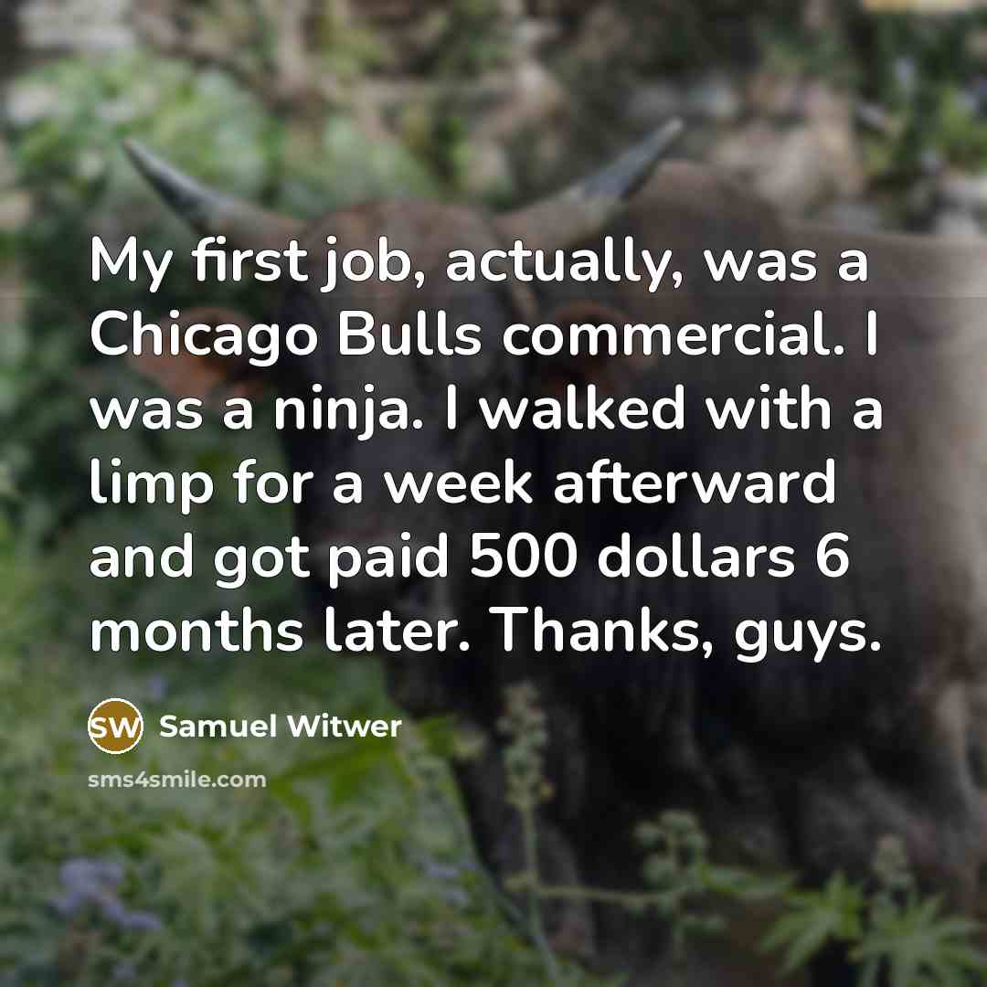 “My first job, actually, was a Chicago Bulls commercial. I was a ninja. I walked with a limp for a week afterward and got paid 500 dollars 6 months later. Thanks, guys.” quote by Samuel Witwer