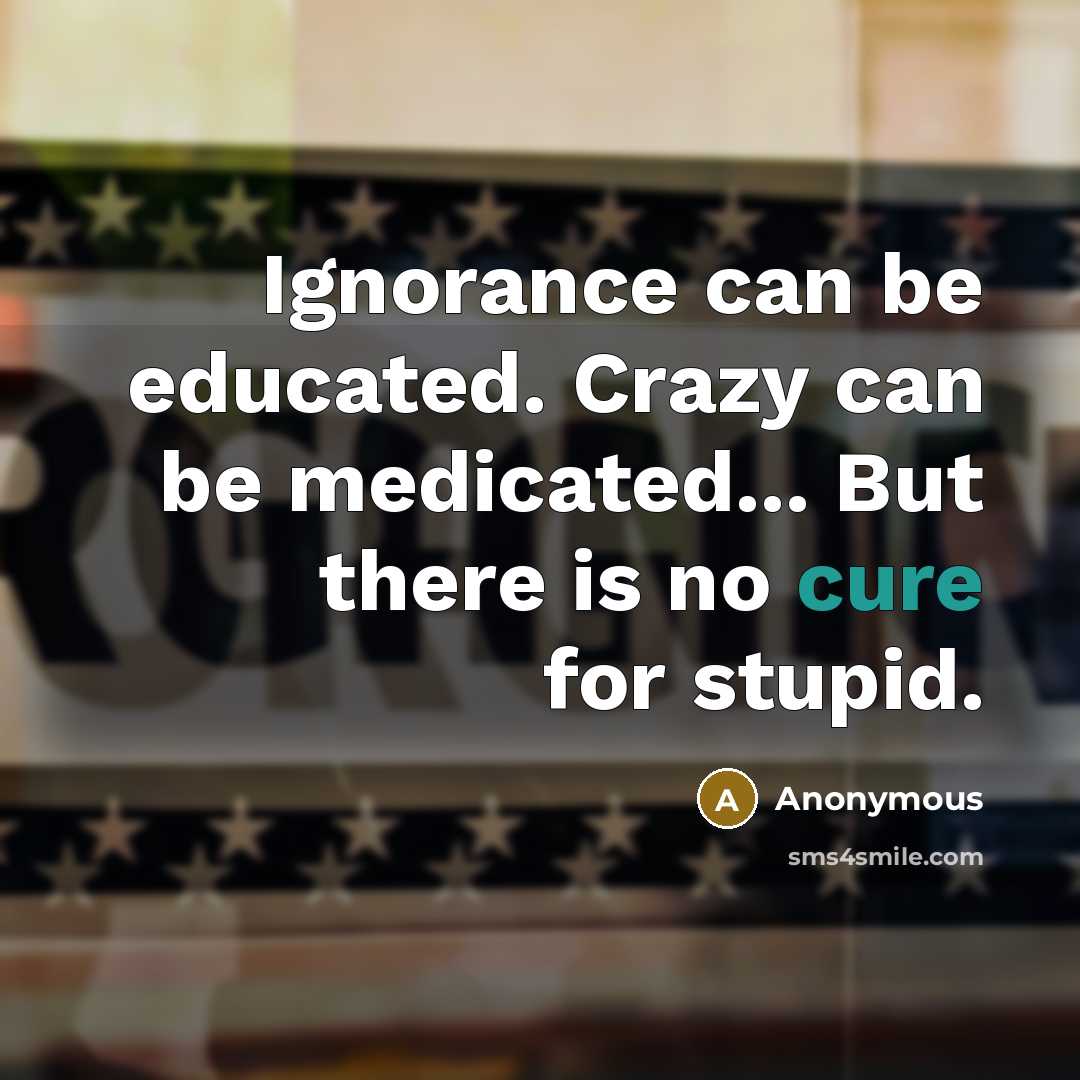 “Ignorance can be educated. Crazy can be medicated... But there is no cure for stupid.” quote by Anonymous