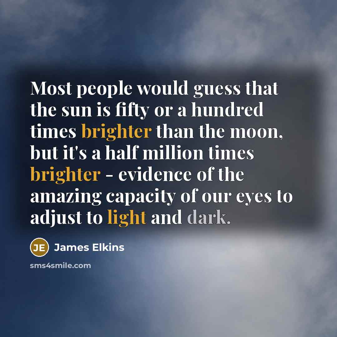 “Most people would guess that the sun is fifty or a hundred times brighter than the moon, but it's a half million times brighter - evidence of the amazing capacity of our eyes to adjust to light and dark.” quote by James Elkins