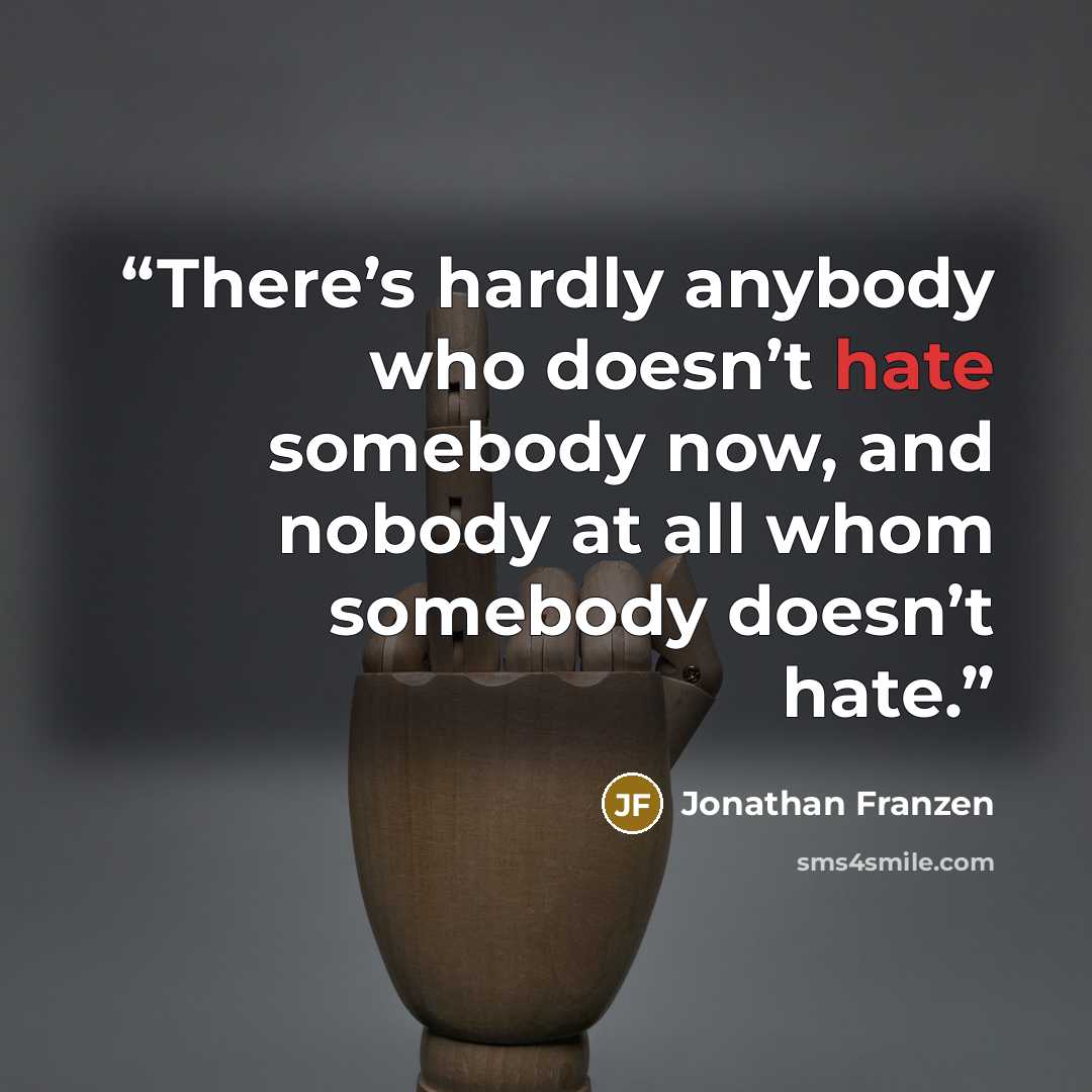 “There’s hardly anybody who doesn’t hate somebody now, and nobody at all whom somebody doesn’t hate.” quote by Jonathan Franzen