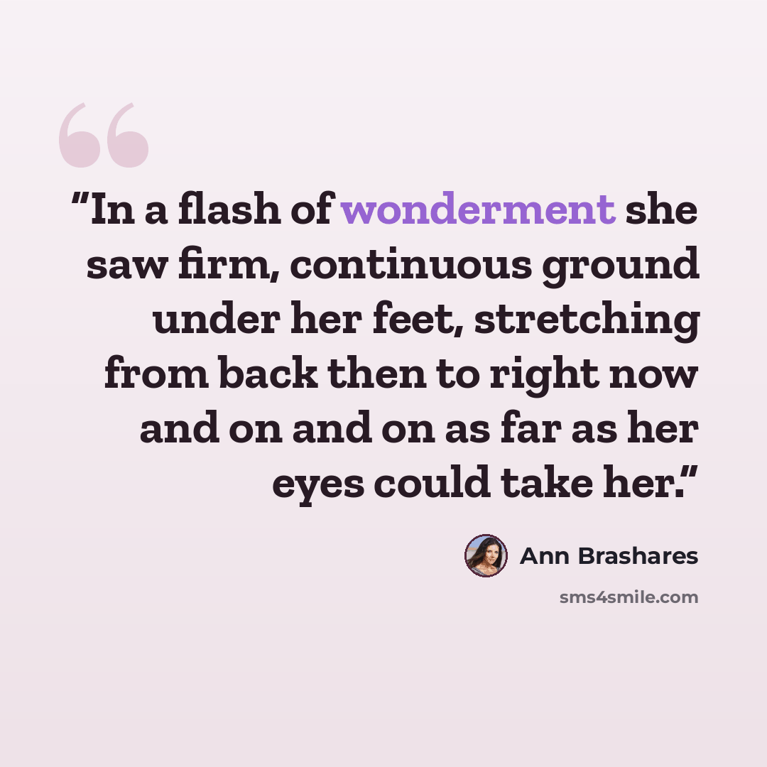 “In a flash of wonderment she saw firm, continuous ground under her feet, stretching from back then to right now and on and on as far as her eyes could take her.” quote by Ann Brashares