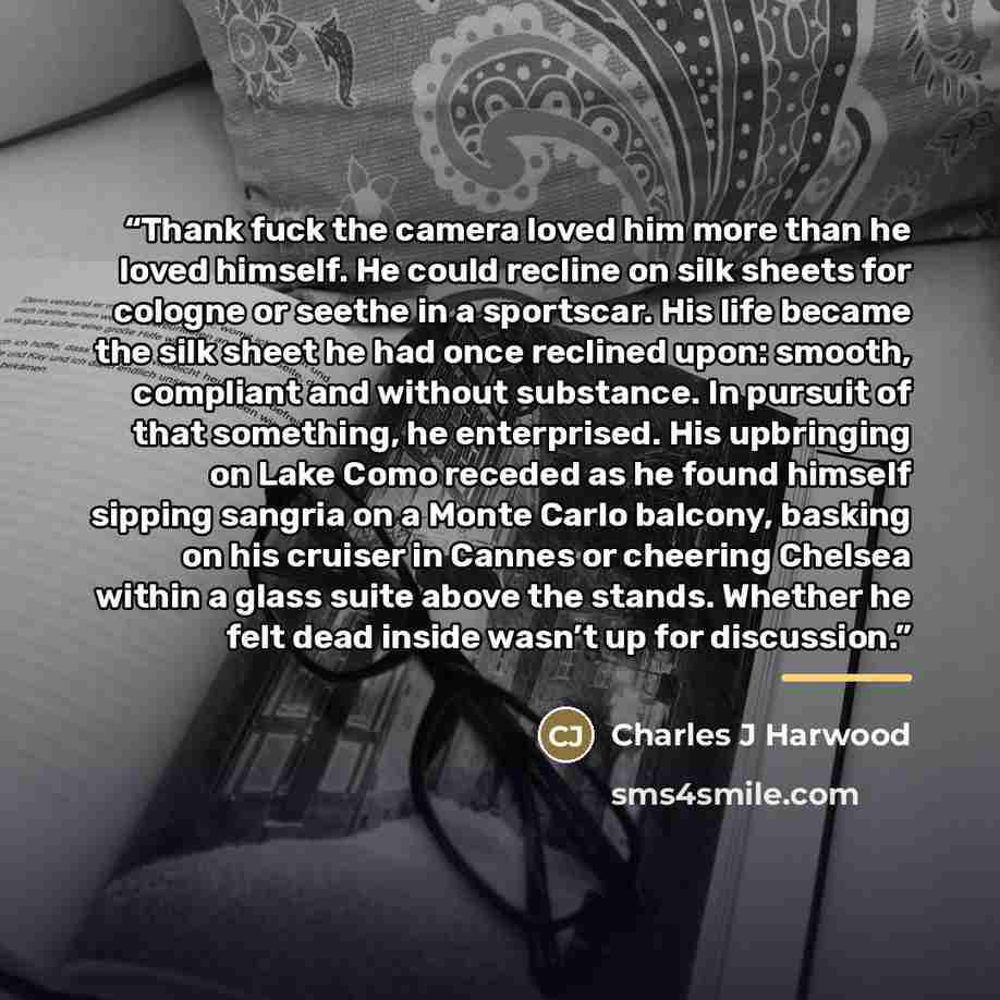 “Thank fuck the camera loved him more than he loved himself. He could recline on silk sheets for cologne or seethe in a sportscar. His life became the silk sheet he had once reclined upon: smooth, compliant and without substance. In pursuit of that something, he enterprised. His upbringing on Lake…” quote by Charles J Harwood