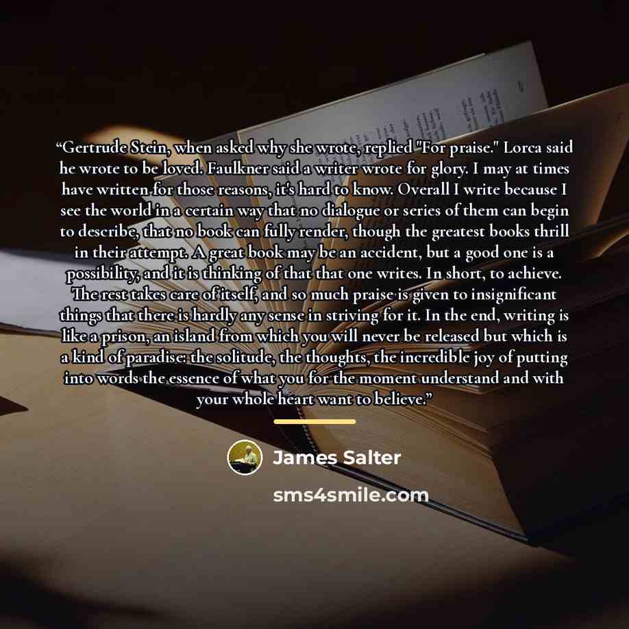 “Gertrude Stein, when asked why she wrote, replied "For praise." Lorca said he wrote to be loved. Faulkner said a writer wrote for glory. I may at times have written for those reasons, it's hard to know. Overall I write because I see the world in a certain way that no dialogue or series of them can…” quote by James Salter