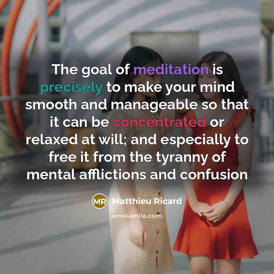 “The goal of meditation is precisely to make your mind smooth and manageable so that it can be concentrated or relaxed at will; and especially to free it from the tyranny of mental afflictions and confusion” quote by Matthieu Ricard