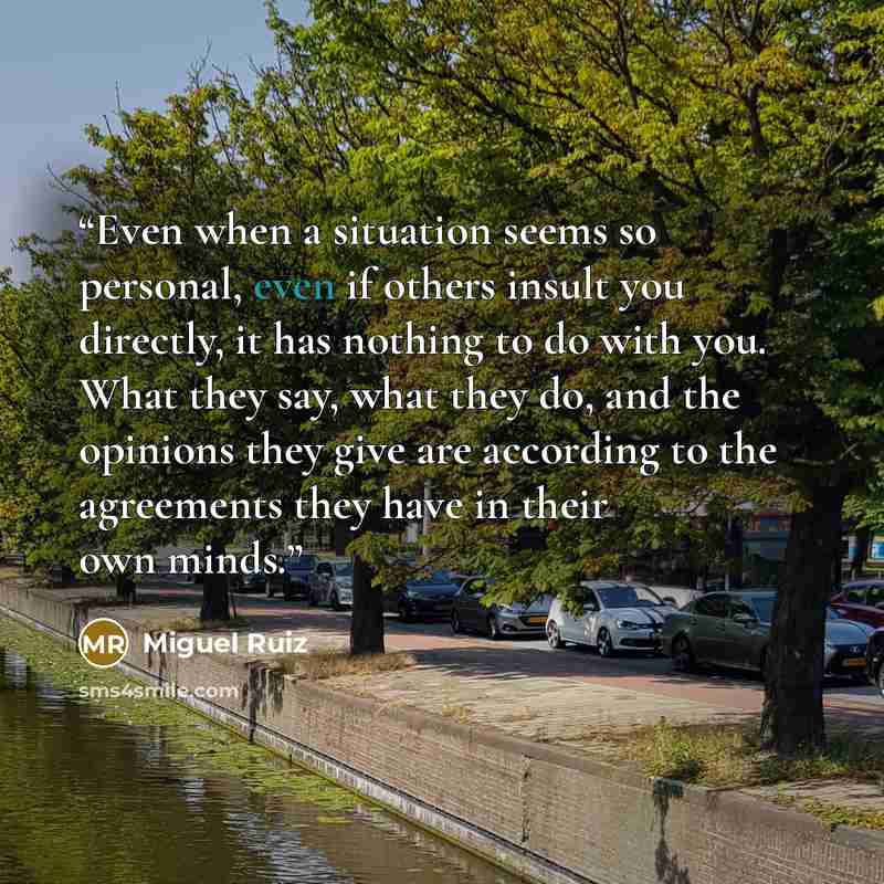 “Even when a situation seems so personal, even if others insult you directly, it has nothing to do with you. What they say, what they do, and the opinions they give are according to the agreements they have in their own minds.” quote by Miguel Ruiz