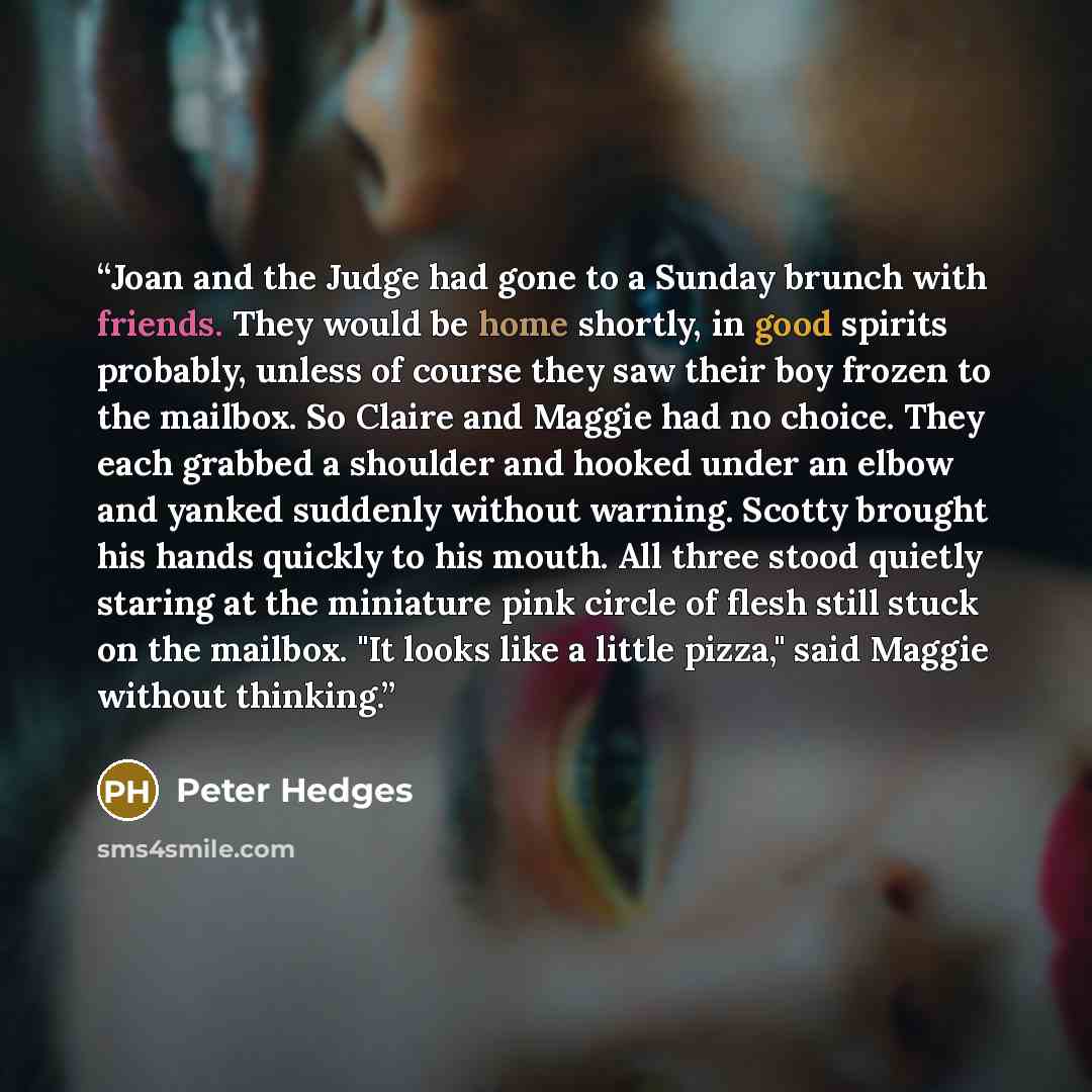 “Joan and the Judge had gone to a Sunday brunch with friends. They would be home shortly, in good spirits probably, unless of course they saw their boy frozen to the mailbox. So Claire and Maggie had no choice. They each grabbed a shoulder and hooked under an elbow and yanked suddenly without…” quote by Peter Hedges