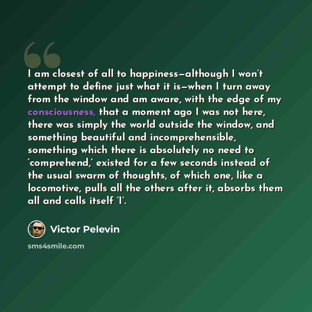 “I am closest of all to happiness—although I won’t attempt to define just what it is—when I turn away from the window and am aware, with the edge of my consciousness, that a moment ago I was not here, there was simply the world outside the window, and something beautiful and incomprehensible…” quote by Victor Pelevin