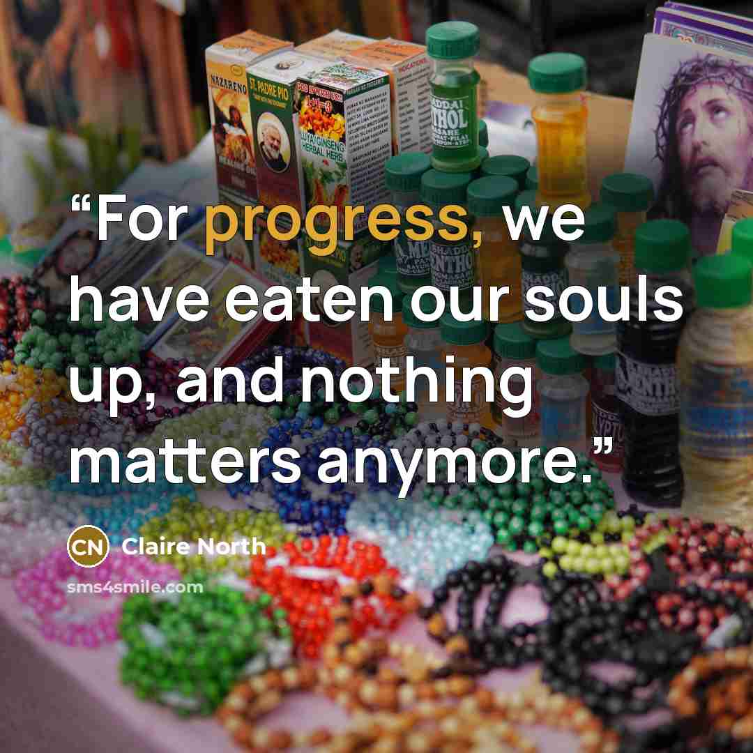 “For progress, we have eaten our souls up, and nothing matters anymore.” quote by Claire North
