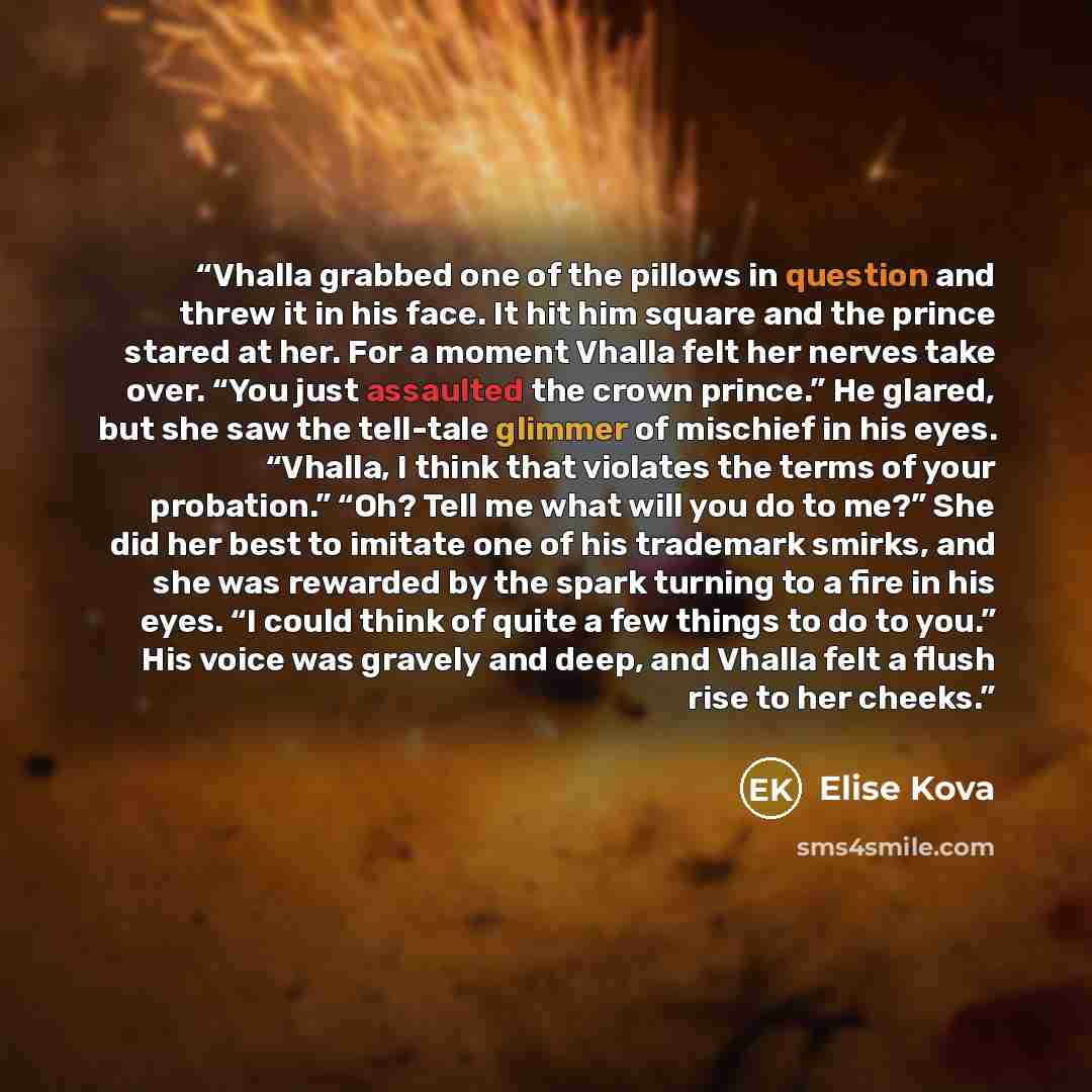 “Vhalla grabbed one of the pillows in question and threw it in his face. It hit him square and the prince stared at her. For a moment Vhalla felt her nerves take over. “You just assaulted the crown prince.” He glared, but she saw the tell-tale glimmer of mischief in his eyes. “Vhalla, I think that…” quote by Elise Kova