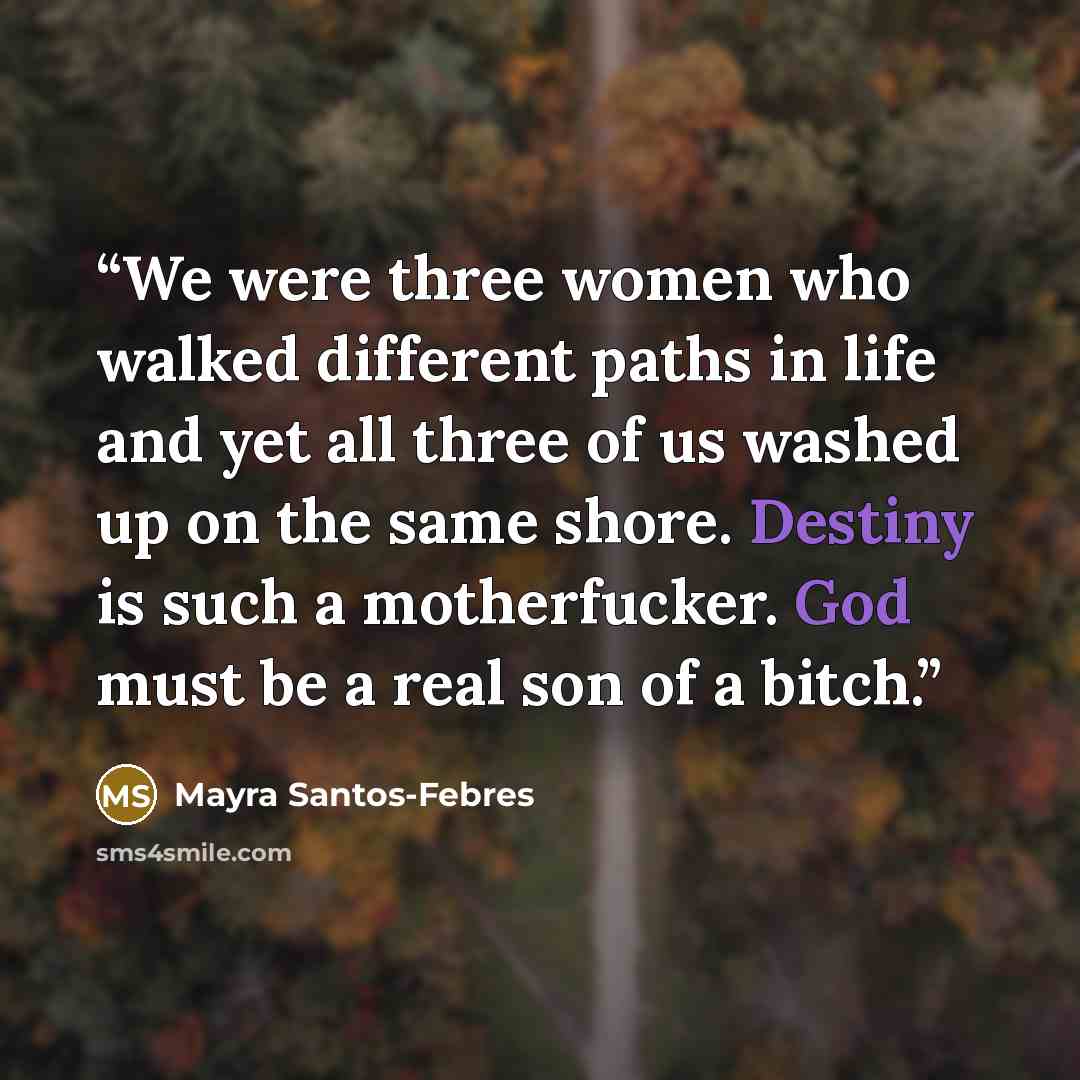 “We were three women who walked different paths in life and yet all three of us washed up on the same shore. Destiny is such a motherfucker. God must be a real son of a bitch.” quote by Mayra Santos-Febres
