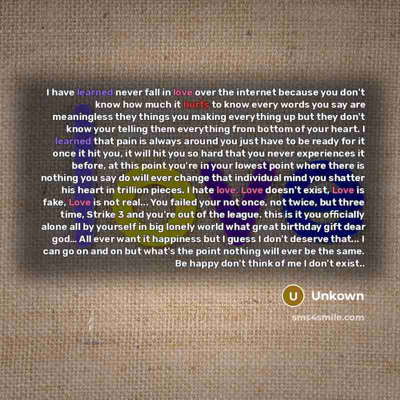 “I have learned never fall in love over the internet because you don't know how much it hurts to know every words you say are meaningless they things you making everything up but they don't know your telling them everything from bottom of your heart. I learned that pain is always around you just…” quote by Unkown