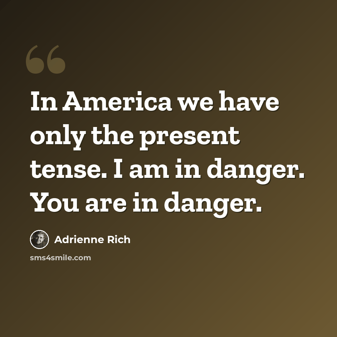 “In America we have only the present tense. I am in danger. You are in danger.” quote by Adrienne Rich