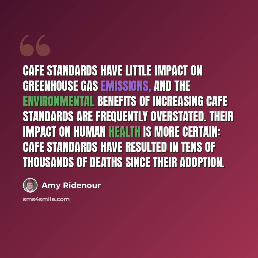“CAFE standards have little impact on greenhouse gas emissions, and the environmental benefits of increasing CAFE standards are frequently overstated. Their impact on human health is more certain: CAFE standards have resulted in tens of thousands of deaths since their adoption.” quote by Amy Ridenour