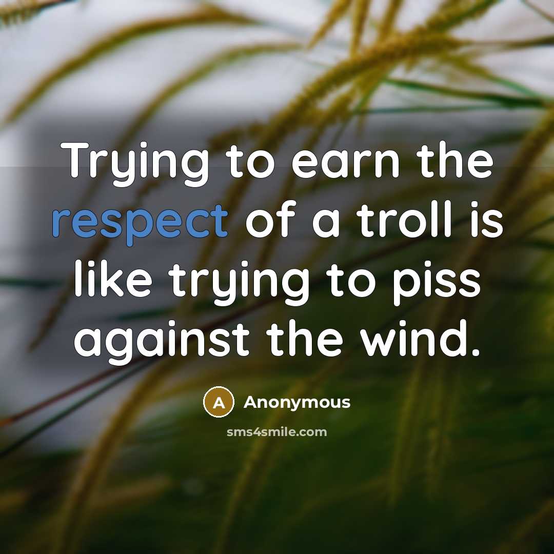 “Trying to earn the respect of a troll is like trying to piss against the wind.” quote by Anonymous