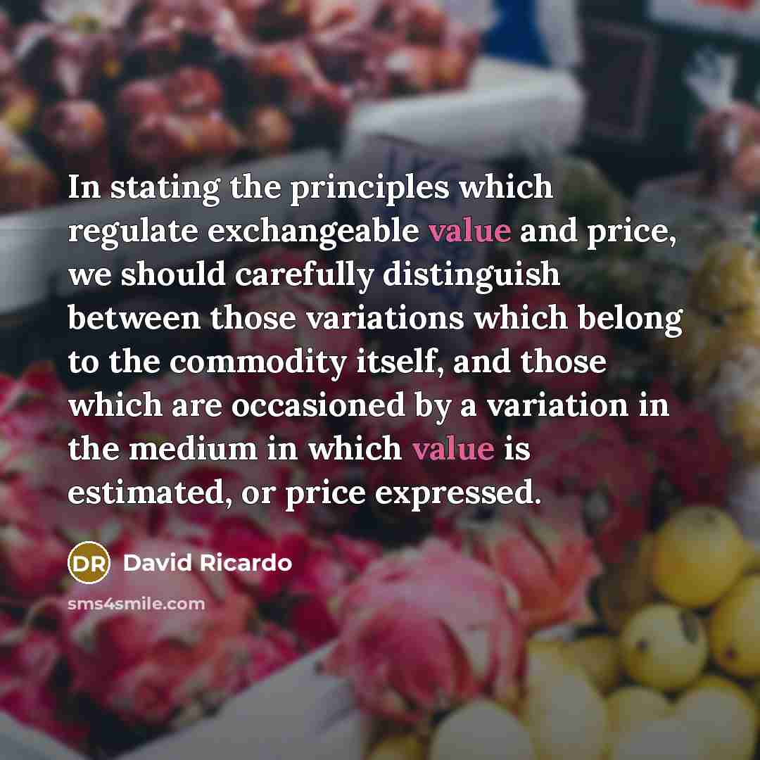 “In stating the principles which regulate exchangeable value and price, we should carefully distinguish between those variations which belong to the commodity itself, and those which are occasioned by a variation in the medium in which value is estimated, or price expressed.” quote by David Ricardo
