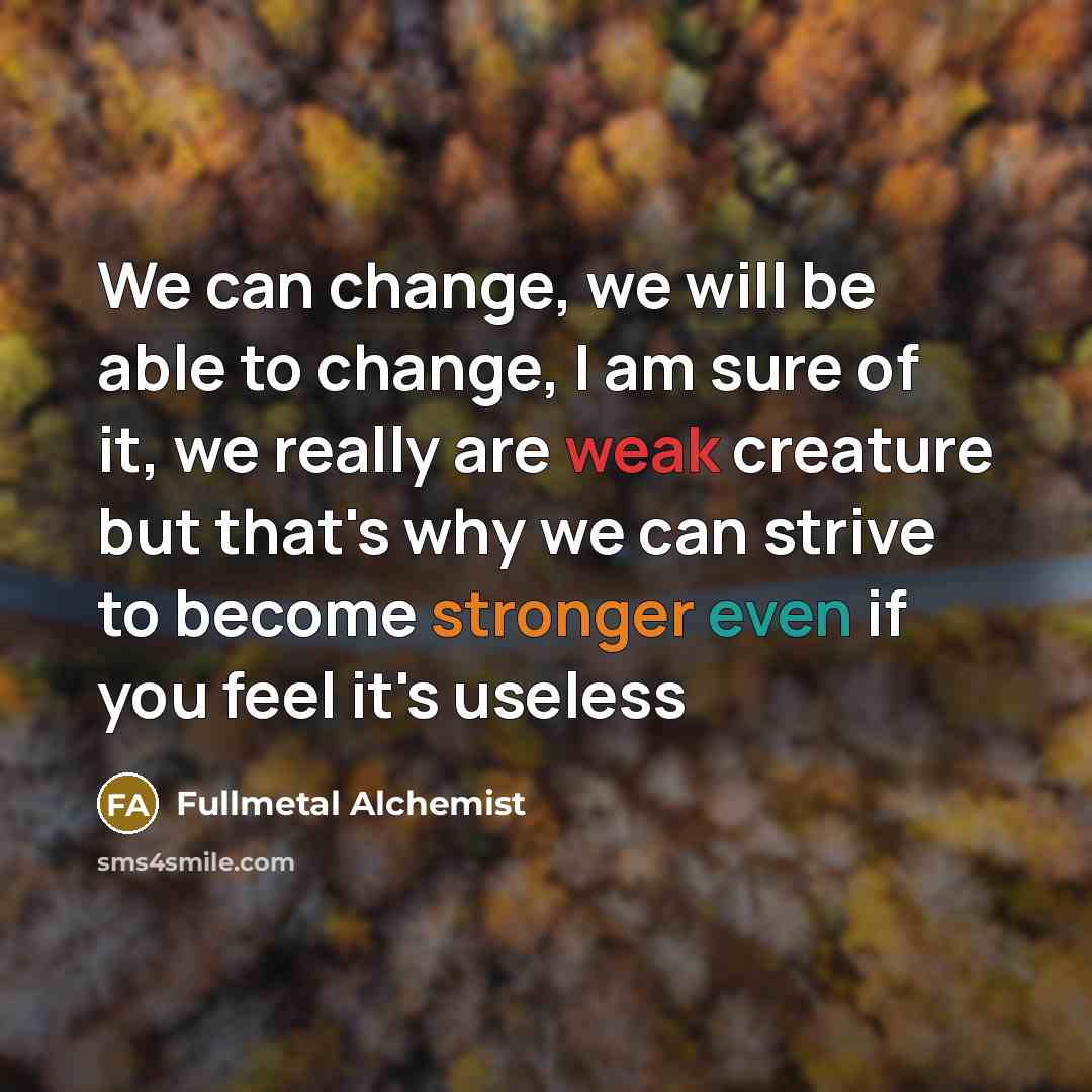 “We can change, we will be able to change, I am sure of it, we really are weak creature but that's why we can strive to become stronger even if you feel it's useless” quote by Fullmetal Alchemist