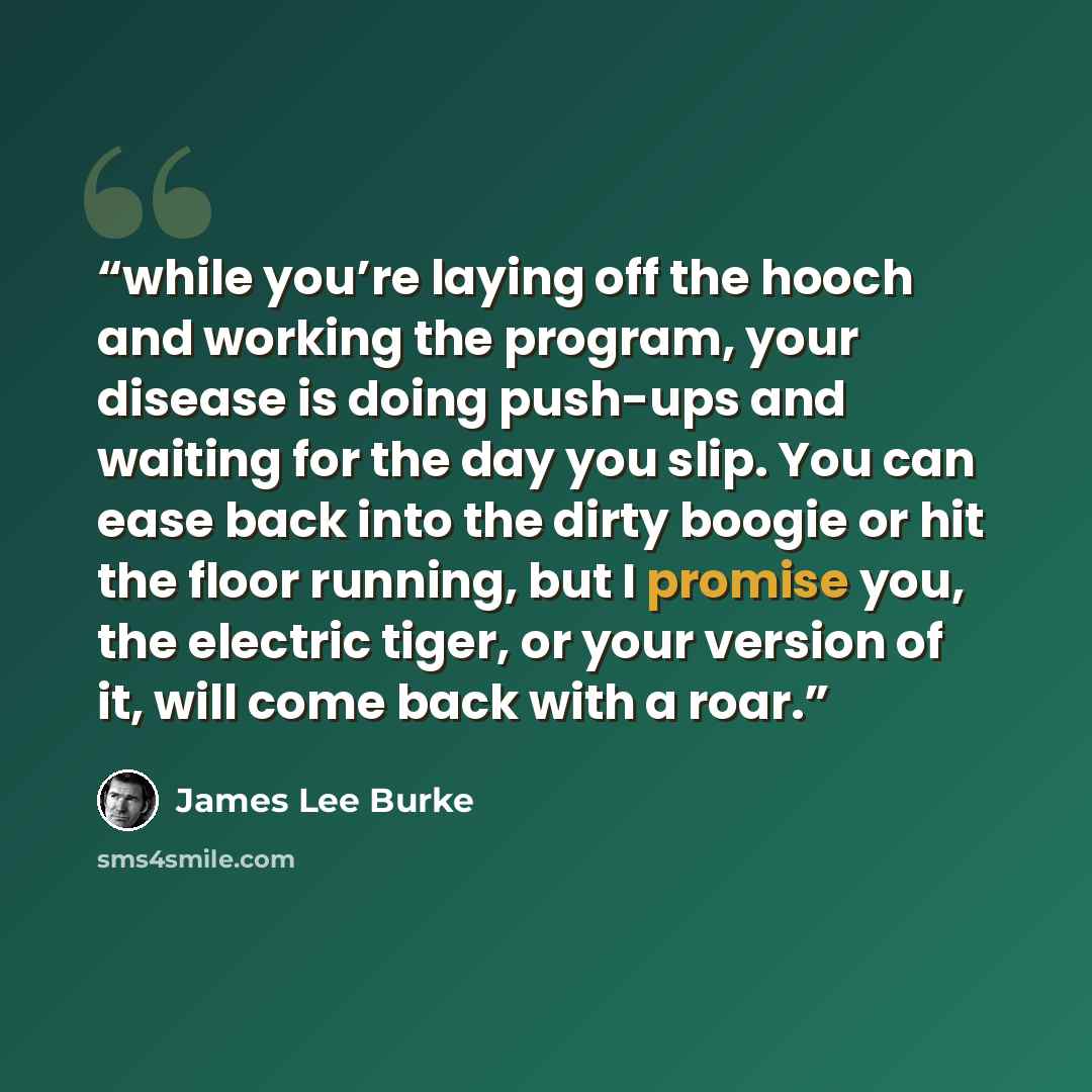 “while you’re laying off the hooch and working the program, your disease is doing push-ups and waiting for the day you slip. You can ease back into the dirty boogie or hit the floor running, but I promise you, the electric tiger, or your version of it, will come back with a roar.” quote by James Lee Burke