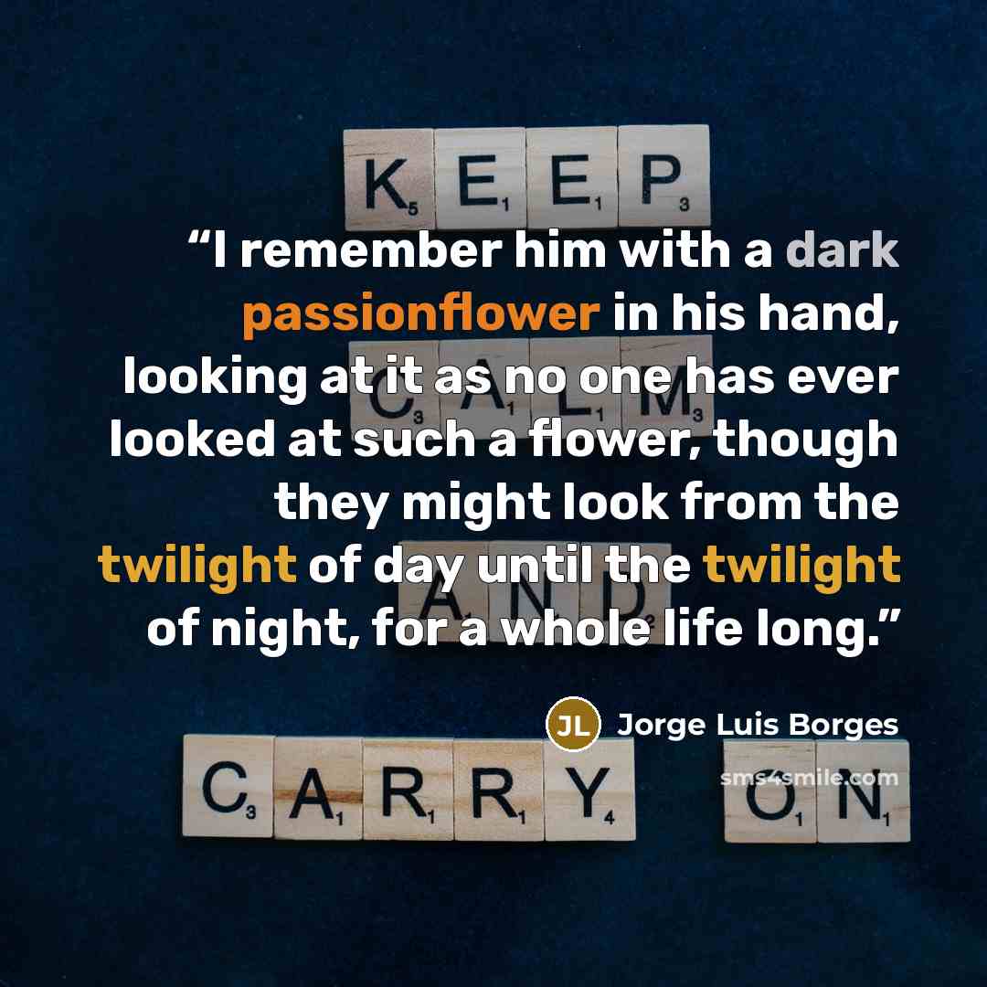 “I remember him with a dark passionflower in his hand, looking at it as no one has ever looked at such a flower, though they might look from the twilight of day until the twilight of night, for a whole life long.” quote by Jorge Luis Borges