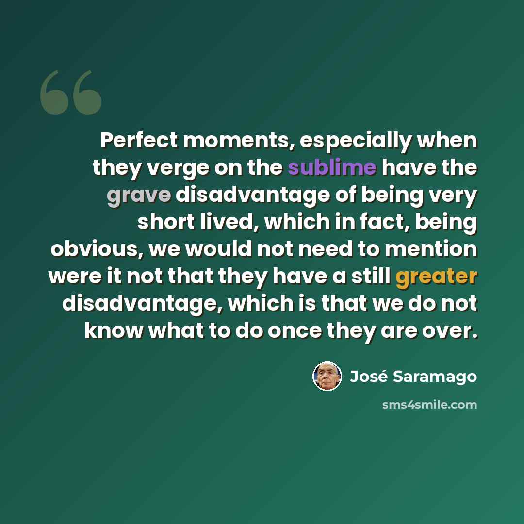 “Perfect moments, especially when they verge on the sublime have the grave disadvantage of being very short lived, which in fact, being obvious, we would not need to mention were it not that they have a still greater disadvantage, which is that we do not know what to do once they are over.” quote by Jose Saramago