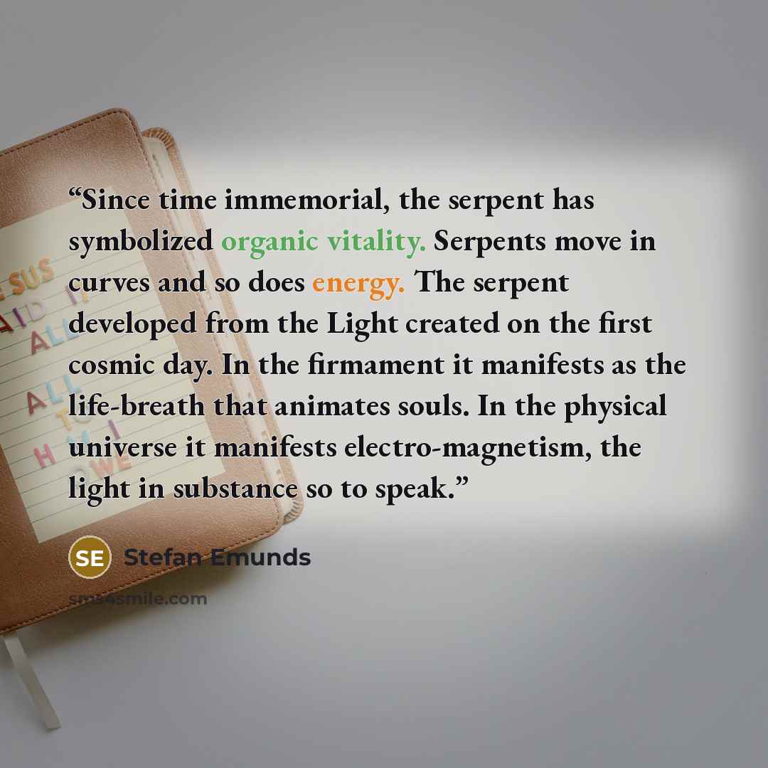 “Since time immemorial, the serpent has symbolized organic vitality. Serpents move in curves and so does energy. The serpent developed from the Light created on the first cosmic day. In the firmament it manifests as the life-breath that animates souls. In the physical universe it manifests…” quote by Stefan Emunds