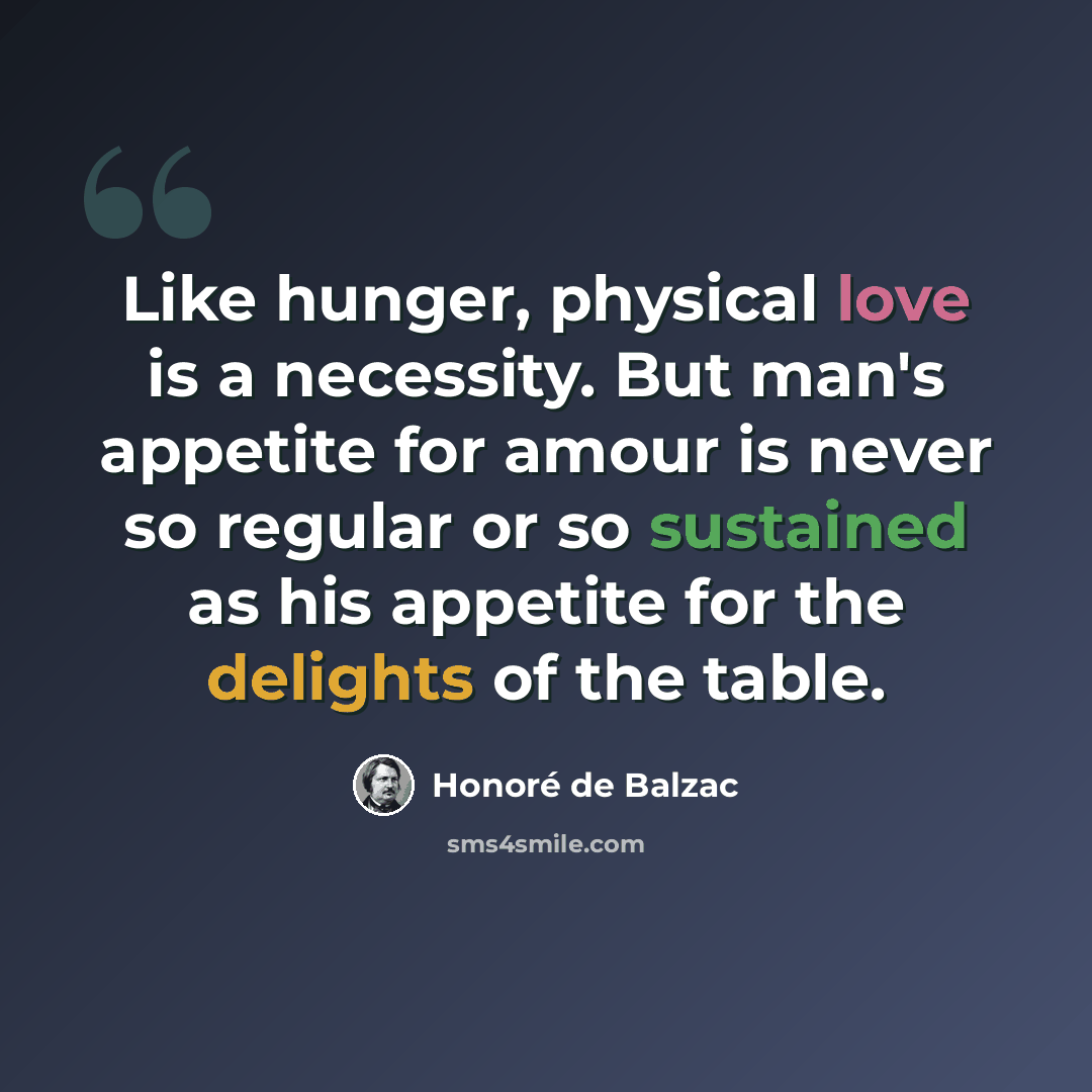 “Like hunger, physical love is a necessity. But man's appetite for amour is never so regular or so sustained as his appetite for the delights of the table.” quote by Honore de Balzac