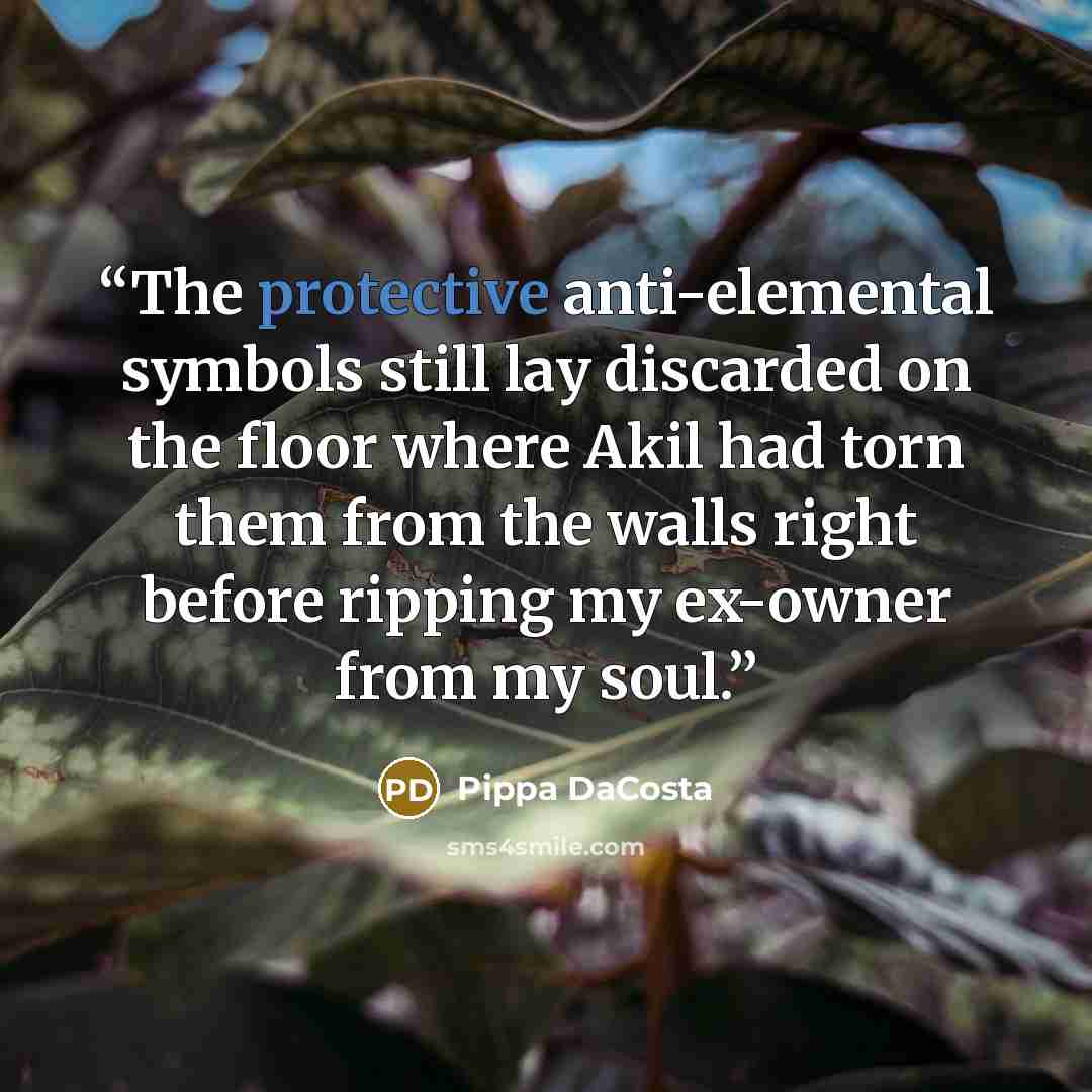 “The protective anti-elemental symbols still lay discarded on the floor where Akil had torn them from the walls right before ripping my ex-owner from my soul.” quote by Pippa DaCosta