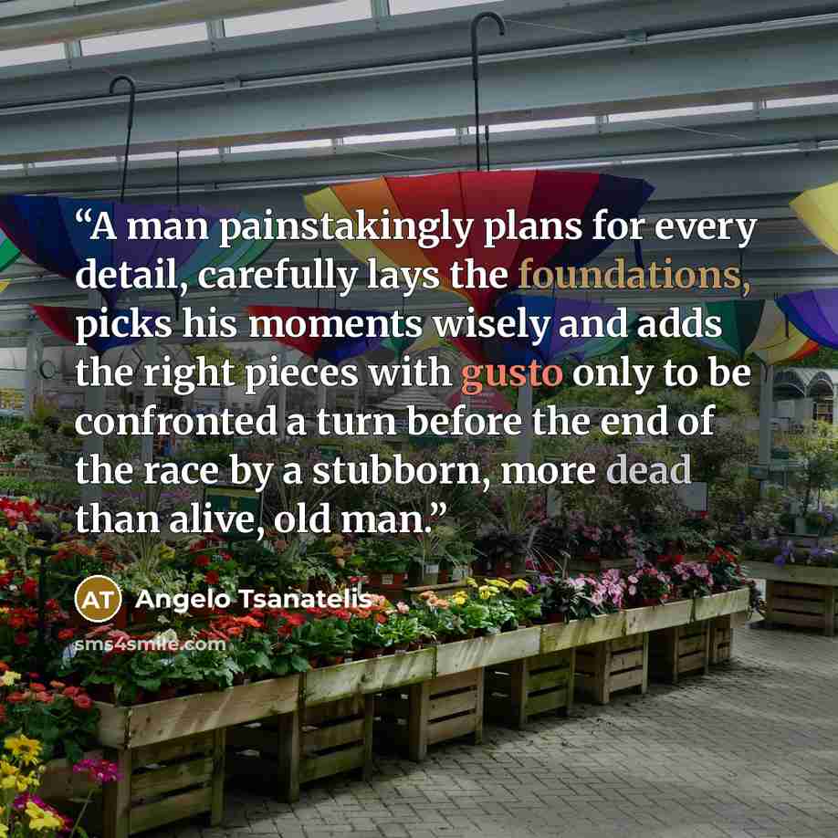 “A man painstakingly plans for every detail, carefully lays the foundations, picks his moments wisely and adds the right pieces with gusto only to be confronted a turn before the end of the race by a stubborn, more dead than alive, old man.” quote by Angelo Tsanatelis