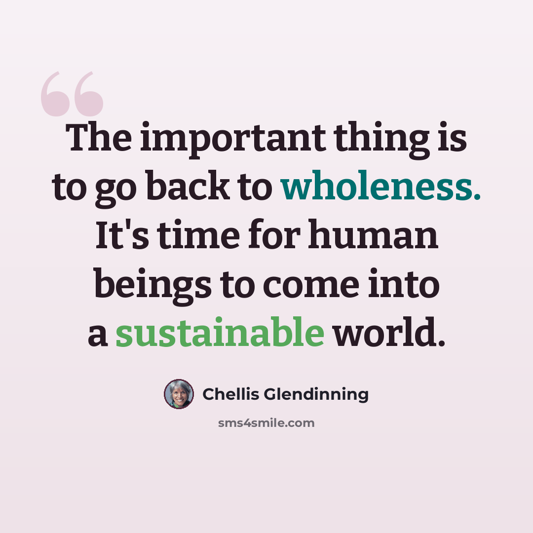 “The important thing is to go back to wholeness. It's time for human beings to come into a sustainable world.” quote by Chellis Glendinning