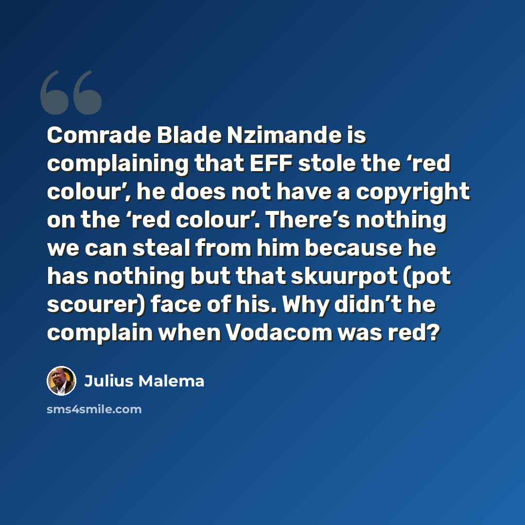 “Comrade Blade Nzimande is complaining that EFF stole the ‘red colour’, he does not have a copyright on the ‘red colour’. There’s nothing we can steal from him because he has nothing but that skuurpot (pot scourer) face of his. Why didn’t he complain when Vodacom was red?” quote by Julius Malema