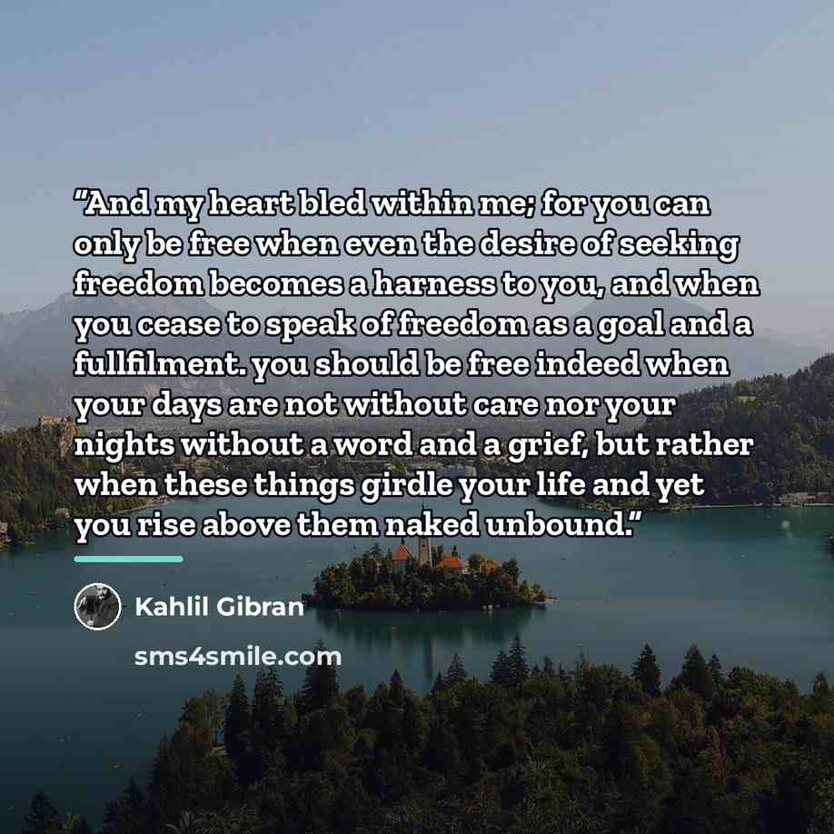 “And my heart bled within me; for you can only be free when even the desire of seeking freedom becomes a harness to you, and when you cease to speak of freedom as a goal and a fullfilment. you should be free indeed when your days are not without care nor your nights without a word and a grief, but…” quote by Kahlil Gibran