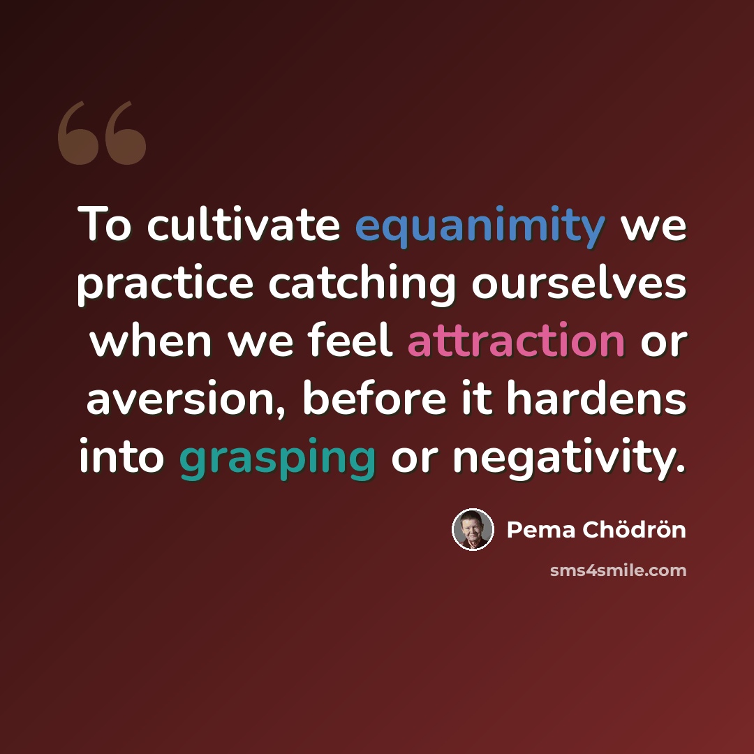 “To cultivate equanimity we practice catching ourselves when we feel attraction or aversion, before it hardens into grasping or negativity.” quote by Pema Chodron