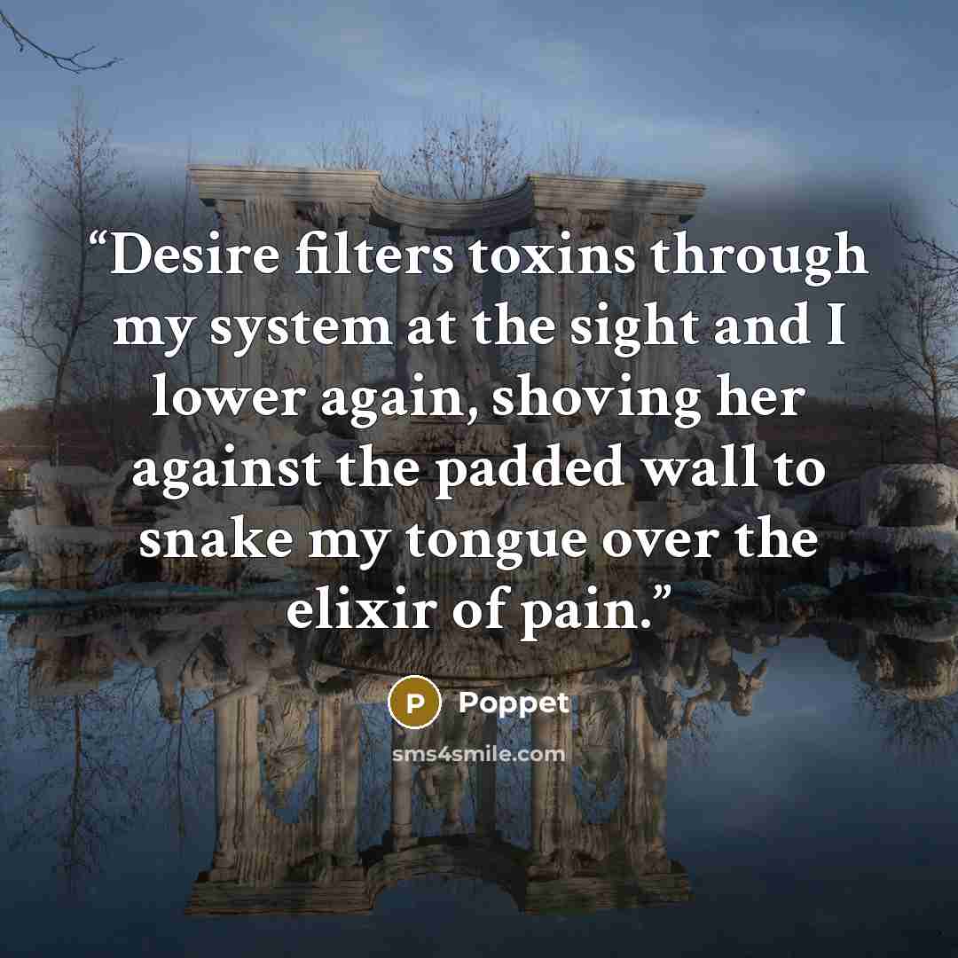 “Desire filters toxins through my system at the sight and I lower again, shoving her against the padded wall to snake my tongue over the elixir of pain.” quote by Poppet