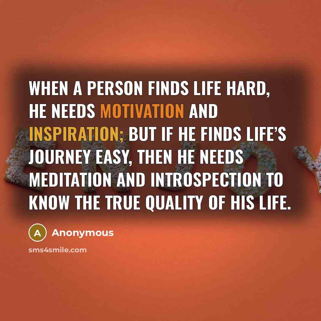 “When a person finds life hard, he needs motivation and inspiration; but if he finds life’s journey easy, then he needs meditation and introspection to know the true quality of his life.” quote by Anonymous