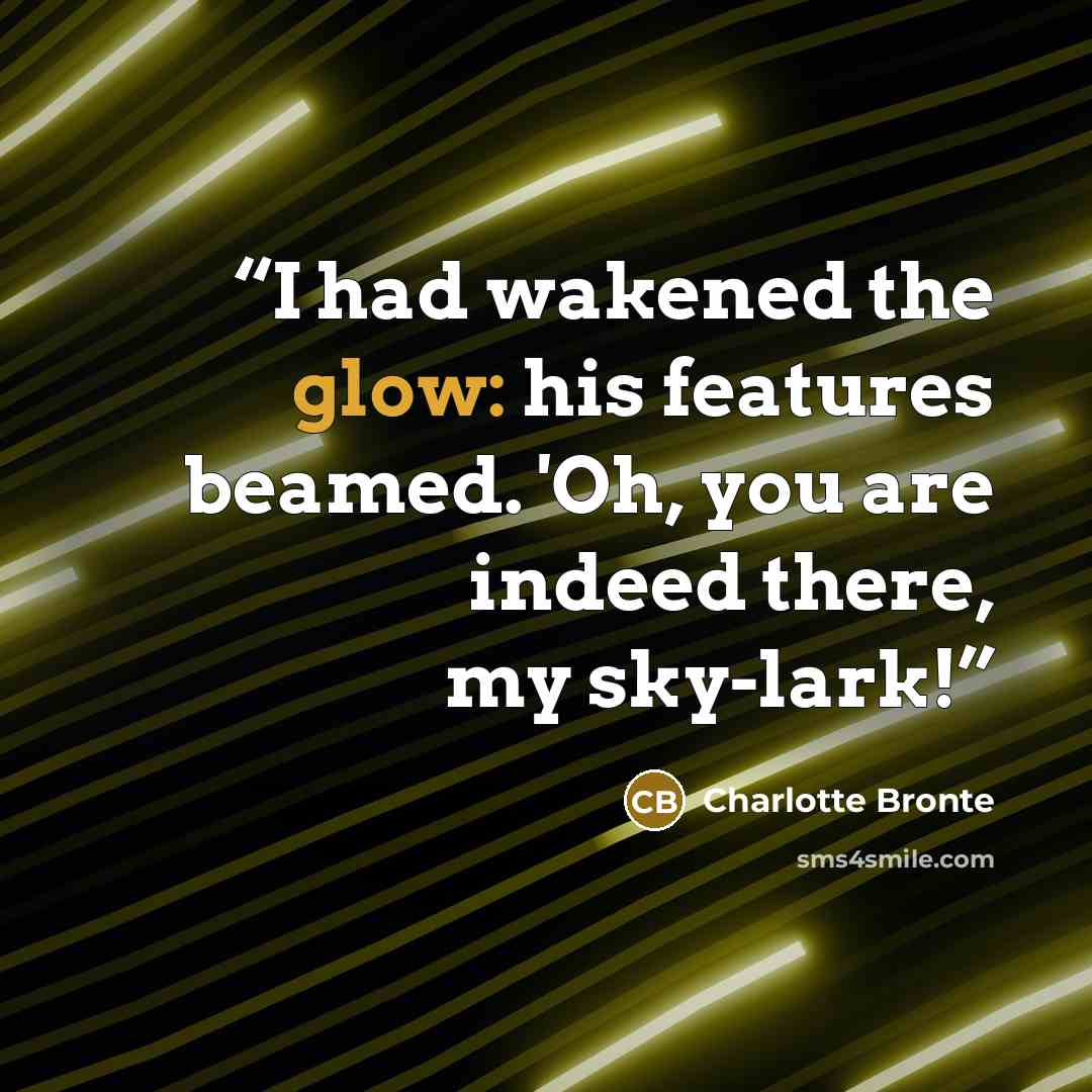 “I had wakened the glow: his features beamed. 'Oh, you are indeed there, my sky-lark!” quote by Charlotte Brontë