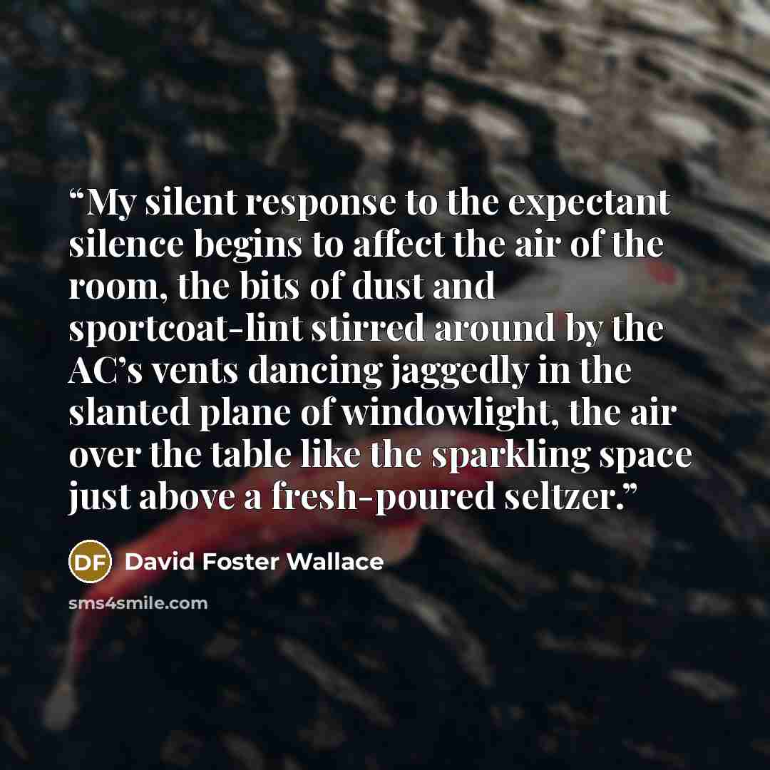 “My silent response to the expectant silence begins to affect the air of the room, the bits of dust and sportcoat-lint stirred around by the AC’s vents dancing jaggedly in the slanted plane of windowlight, the air over the table like the sparkling space just above a fresh-poured seltzer.” quote by David Foster Wallace