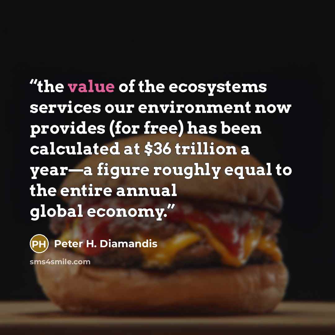 “the value of the ecosystems services our environment now provides (for free) has been calculated at $36 trillion a year—a figure roughly equal to the entire annual global economy.” quote by Peter H. Diamandis