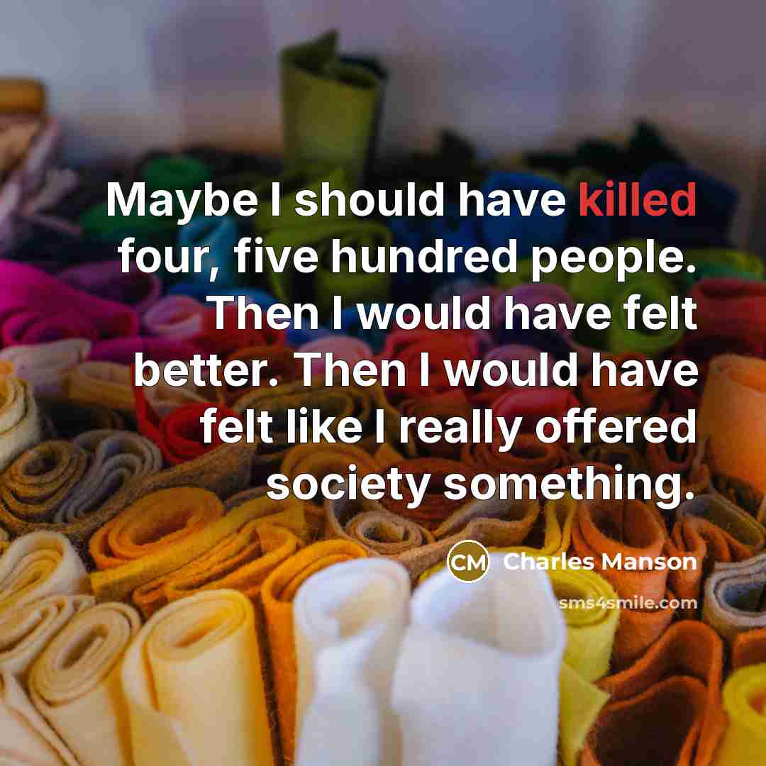 “Maybe I should have killed four, five hundred people. Then I would have felt better. Then I would have felt like I really offered society something.” quote by Charles Manson