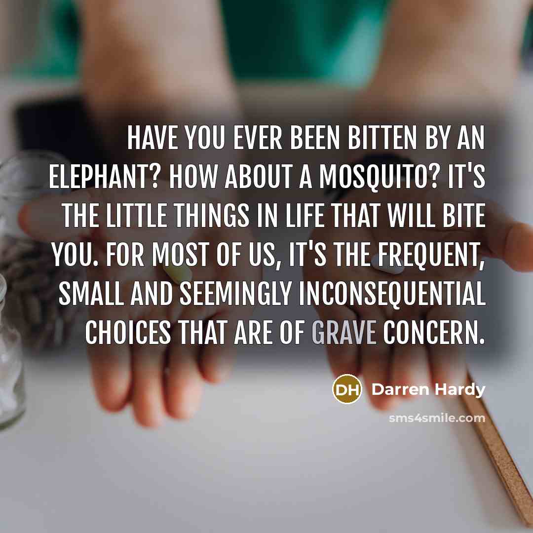 “Have you ever been bitten by an elephant? How about a mosquito? It's the little things in life that will bite you. For most of us, it's the frequent, small and seemingly inconsequential choices that are of grave concern.” quote by Darren Hardy