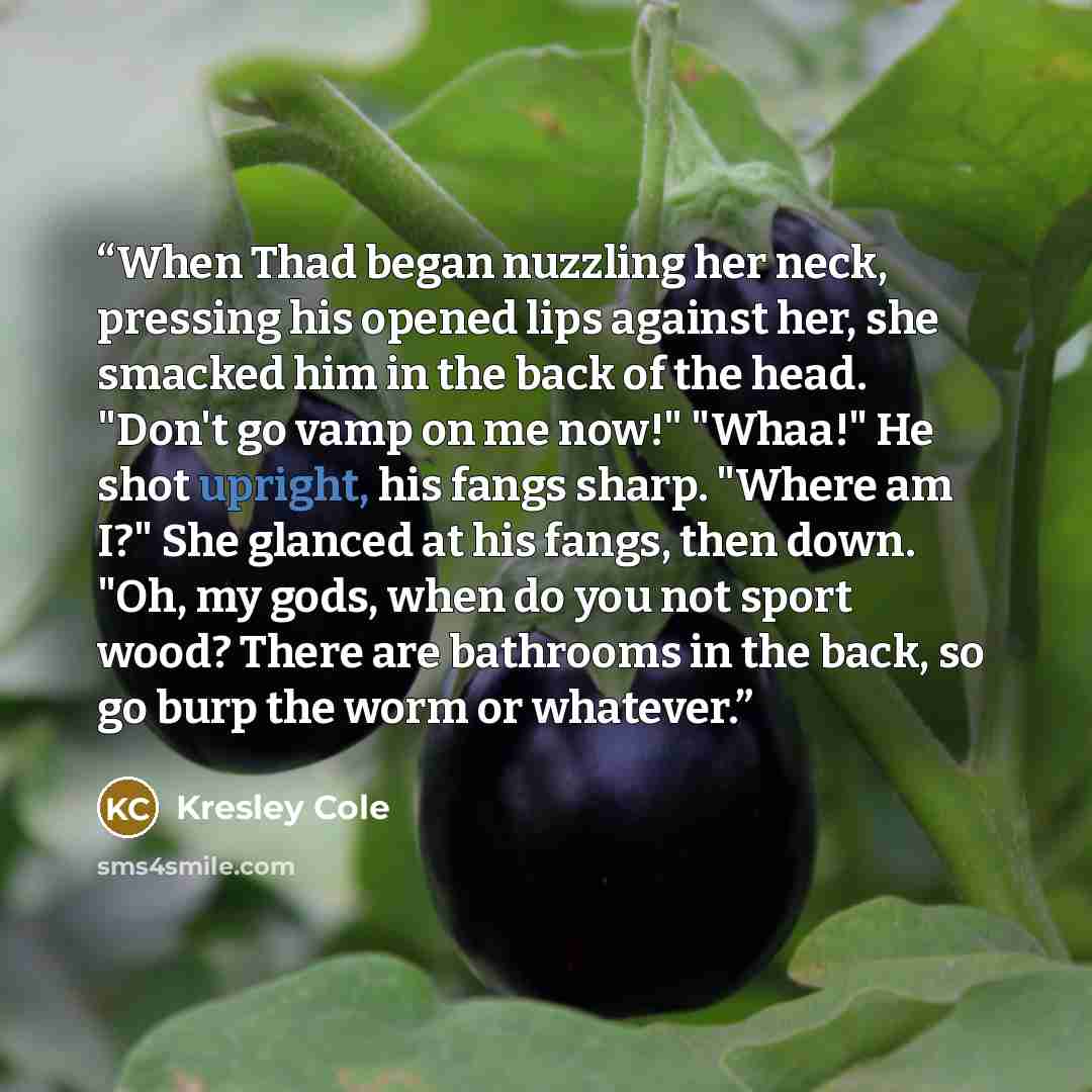 “When Thad began nuzzling her neck, pressing his opened lips against her, she smacked him in the back of the head. "Don't go vamp on me now!" "Whaa!" He shot upright, his fangs sharp. "Where am I?" She glanced at his fangs, then down. "Oh, my gods, when do you not sport wood? There are bathrooms in…” quote by Kresley Cole
