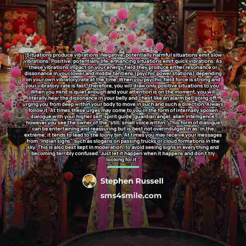 “Situations produce vibrations. Negative, potentially harmful situations emit slow vibrations. Positive, potentially life-enhancing situations emit quick vibrations. As these vibrations impact on your energy field they produce either resonance or dissonance in your lower and middle tantiens…” quote by Stephen Russell