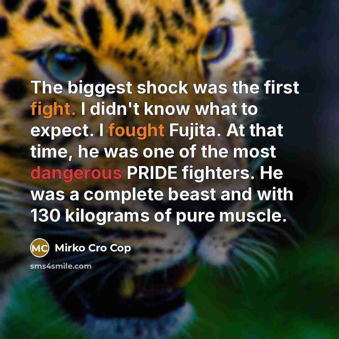 “The biggest shock was the first fight. I didn't know what to expect. I fought Fujita. At that time, he was one of the most dangerous PRIDE fighters. He was a complete beast and with 130 kilograms of pure muscle.” quote by Mirko Cro Cop
