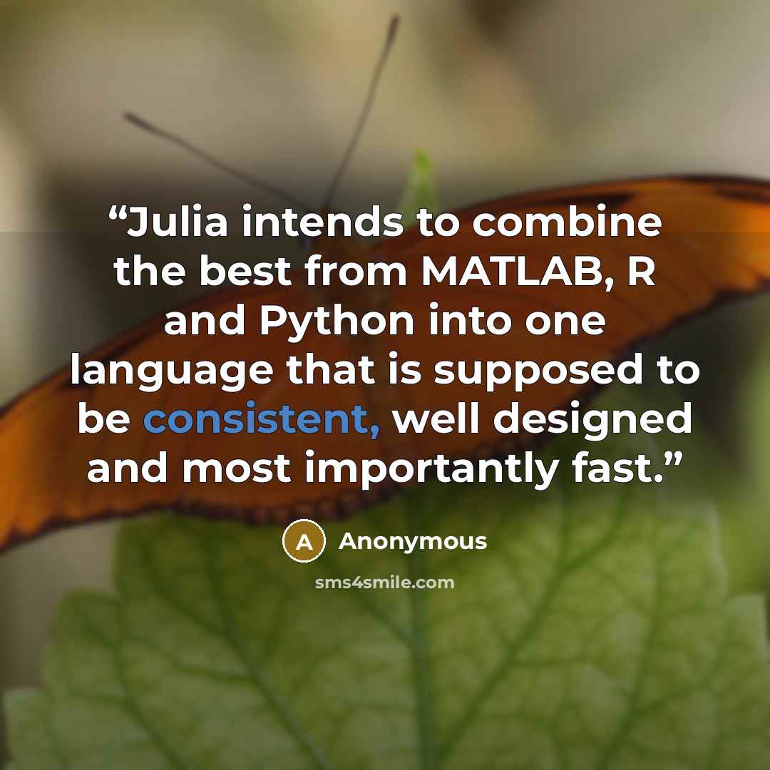 “Julia intends to combine the best from MATLAB, R and Python into one language that is supposed to be consistent, well designed and most importantly fast.” quote by Anonymous