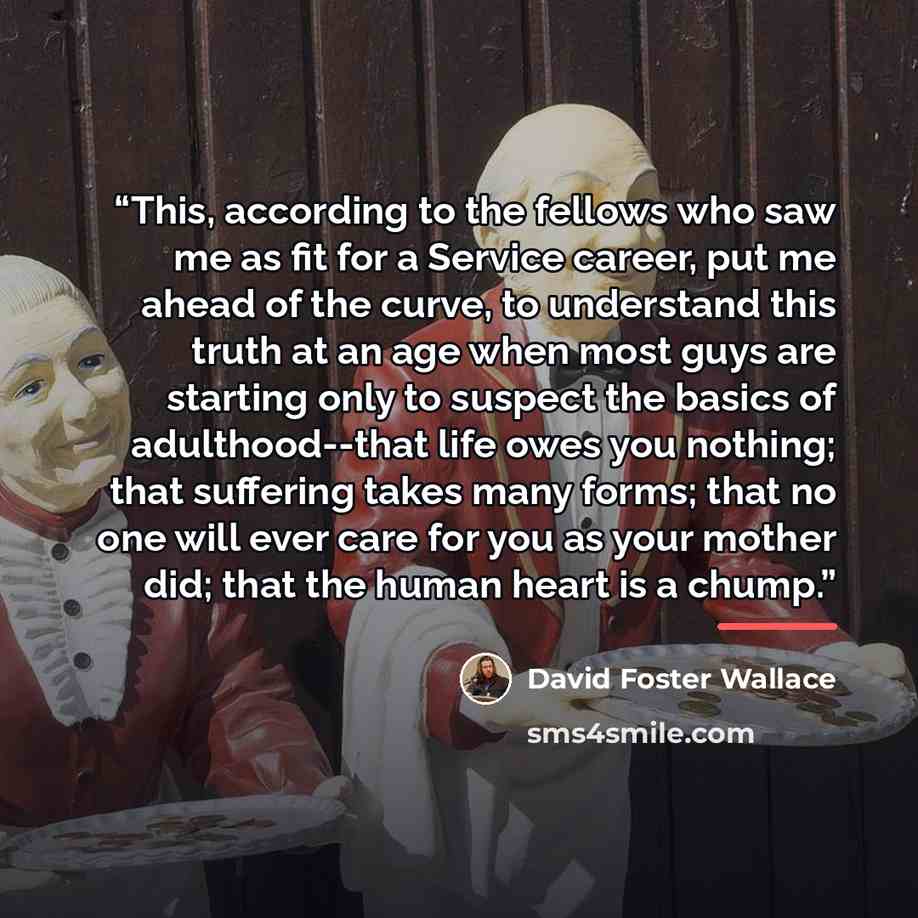 “This, according to the fellows who saw me as fit for a Service career, put me ahead of the curve, to understand this truth at an age when most guys are starting only to suspect the basics of adulthood--that life owes you nothing; that suffering takes many forms; that no one will ever care for you…” quote by David Foster Wallace