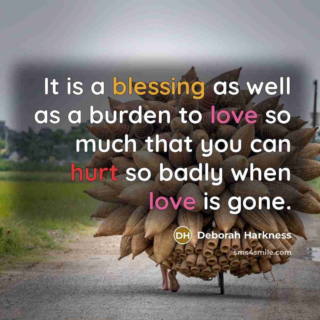 “It is a blessing as well as a burden to love so much that you can hurt so badly when love is gone.” quote by Deborah Harkness