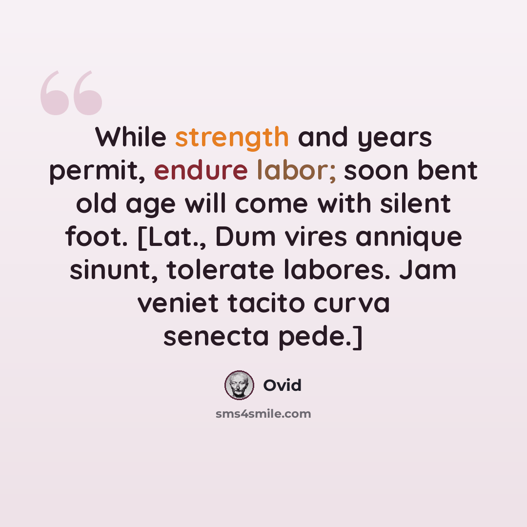 “While strength and years permit, endure labor; soon bent old age will come with silent foot. [Lat., Dum vires annique sinunt, tolerate labores. Jam veniet tacito curva senecta pede.]” quote by Ovid