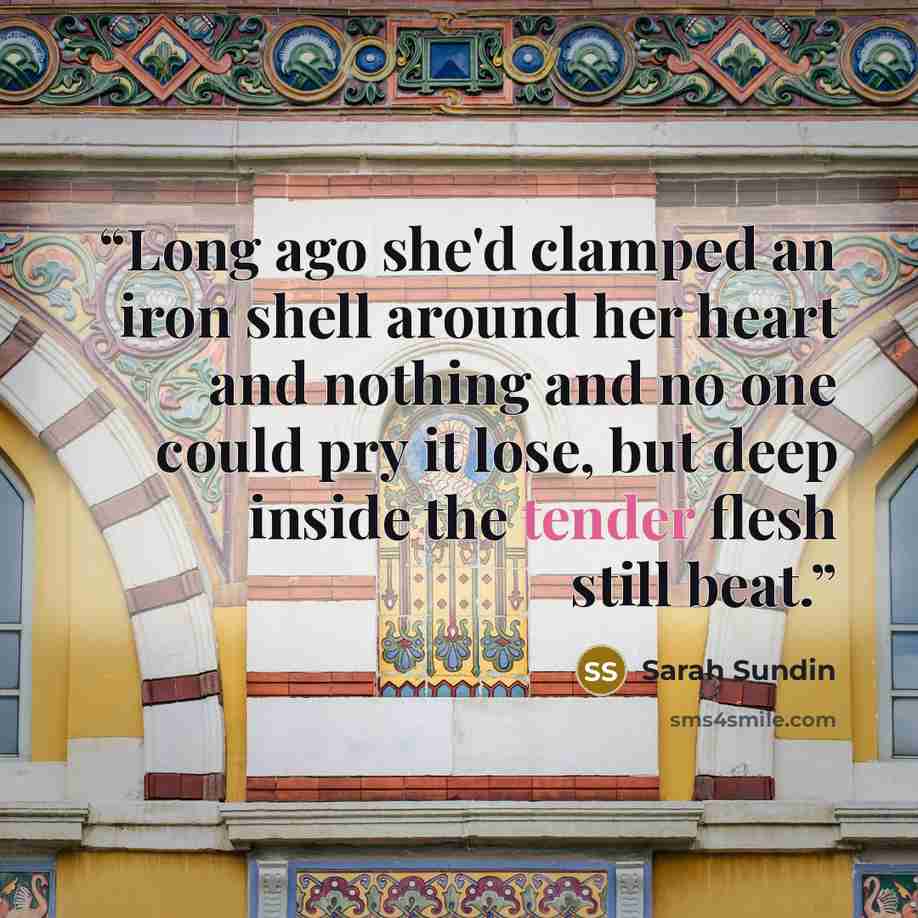 “Long ago she'd clamped an iron shell around her heart and nothing and no one could pry it lose, but deep inside the tender flesh still beat.” quote by Sarah Sundin