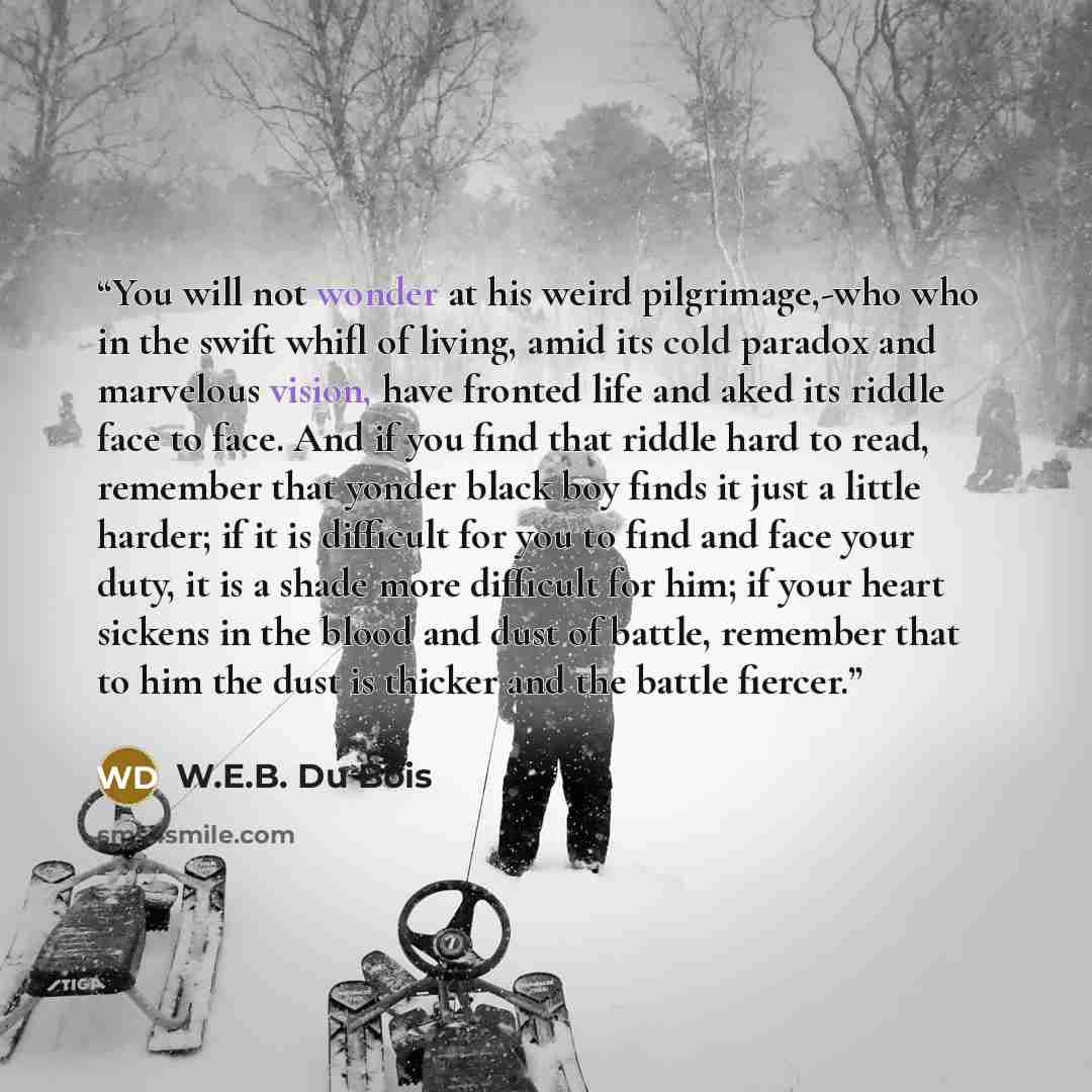 “You will not wonder at his weird pilgrimage,-who who in the swift whifl of living, amid its cold paradox and marvelous vision, have fronted life and aked its riddle face to face. And if you find that riddle hard to read, remember that yonder black boy finds it just a little harder; if it is…” quote by W.E.B. Du Bois